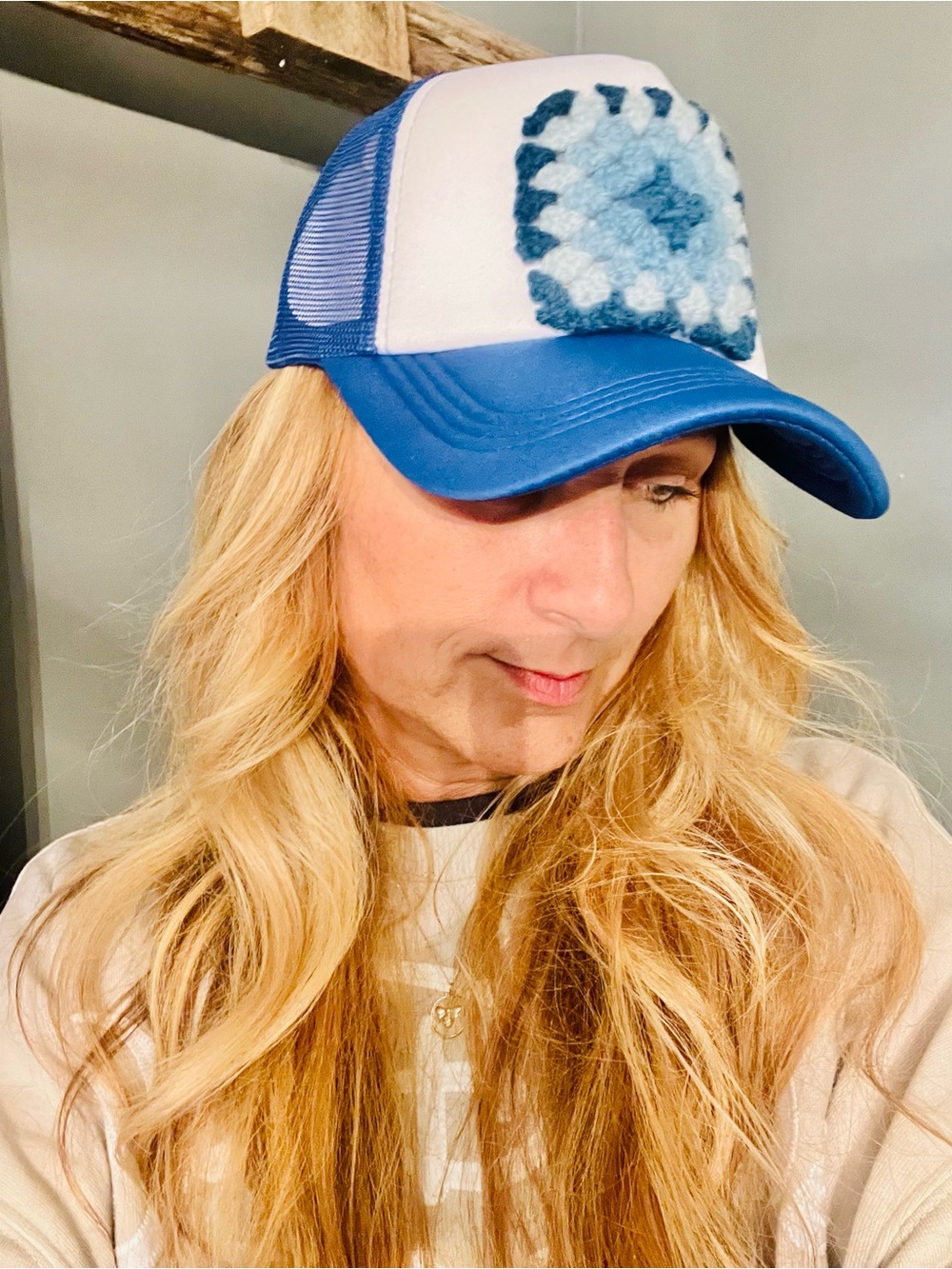 Granny Square patch Blue and White Mesh Trucker Hat